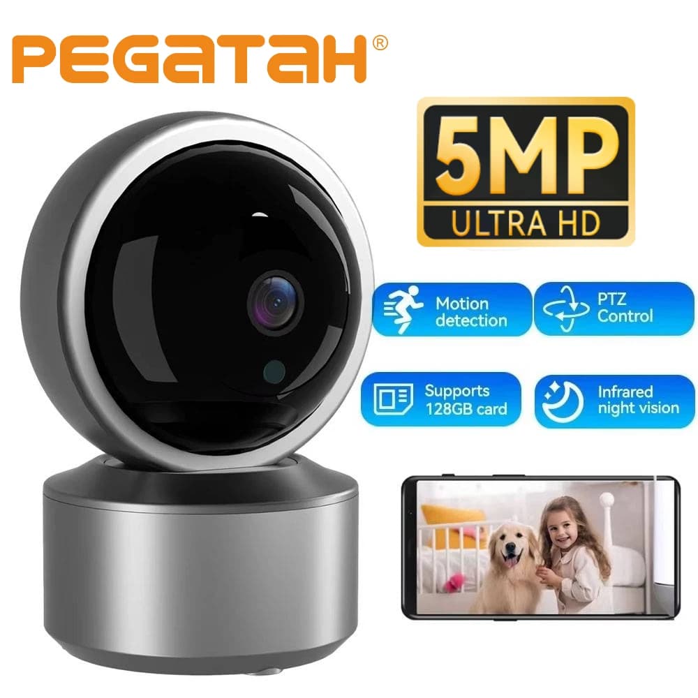 Telecamera di Sicurezza PEGATAH 5MP WiFi, Videocamera per Monitoraggio Bambini 355 ° Telecamera IP da Interno con Tracciamento Automatico PTZ, Visione Notturna IR e Audio Bidirezionale