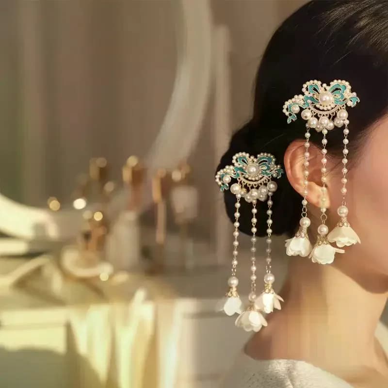 Vintage Chinese Style Pearl Tassel Hair Clips Enamel Flower Hair Pins For Women Hanfu Wedding Hair Accessories