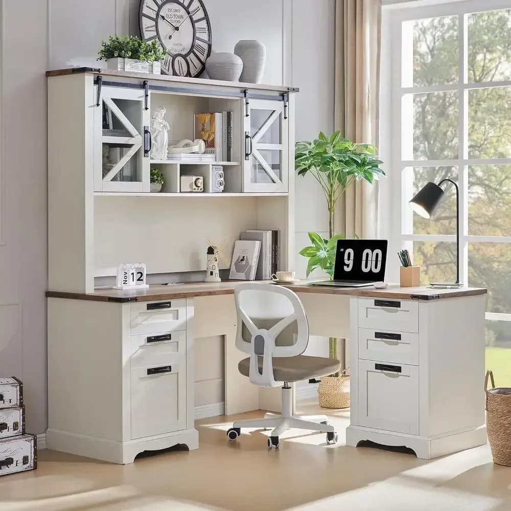 L-Shaped 60 Antique White Wood Executive Desk with Hutch, Cable Management, Charging Station, Storage Cabinet