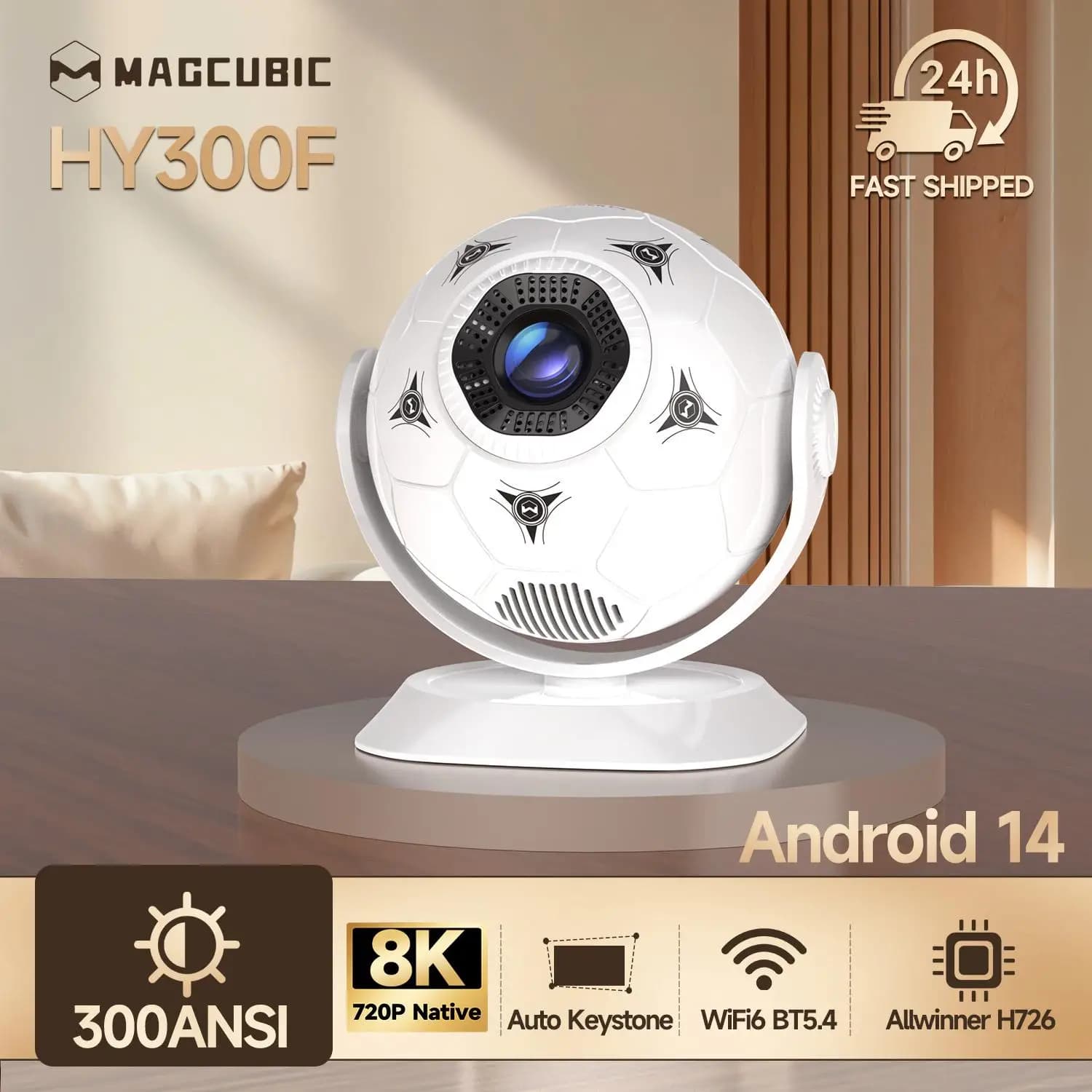 Magcubic HY300F Proiettore Android 14 8K, 300 Ansi Lumen, Mini Proiettore LED, Wifi6 BT5.4, Design Creativo a Forma di Pallone da Calcio, per Home Theater