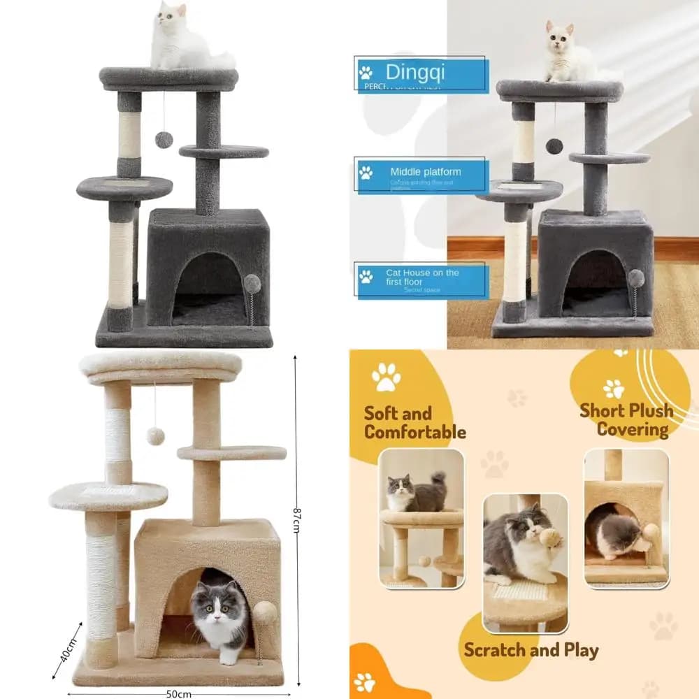 Tiragraffi verticale per gatti in corda di sisal con struttura da arrampicata multilivello e casetta per gatti