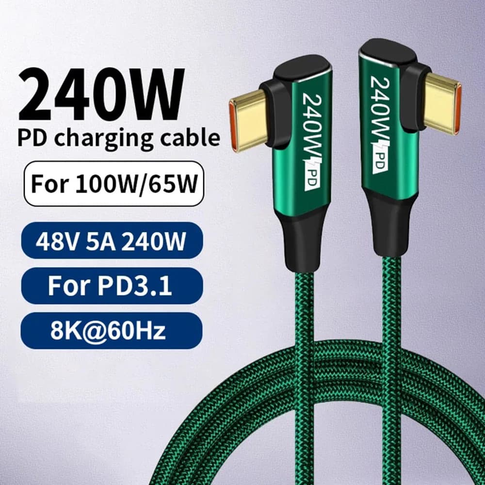 90° Elbow USB C To Type C Fast Charging Cable Braided Data Cord PD 240W 48V 5A High-Speed Transmission for Laptop Tablet Phone