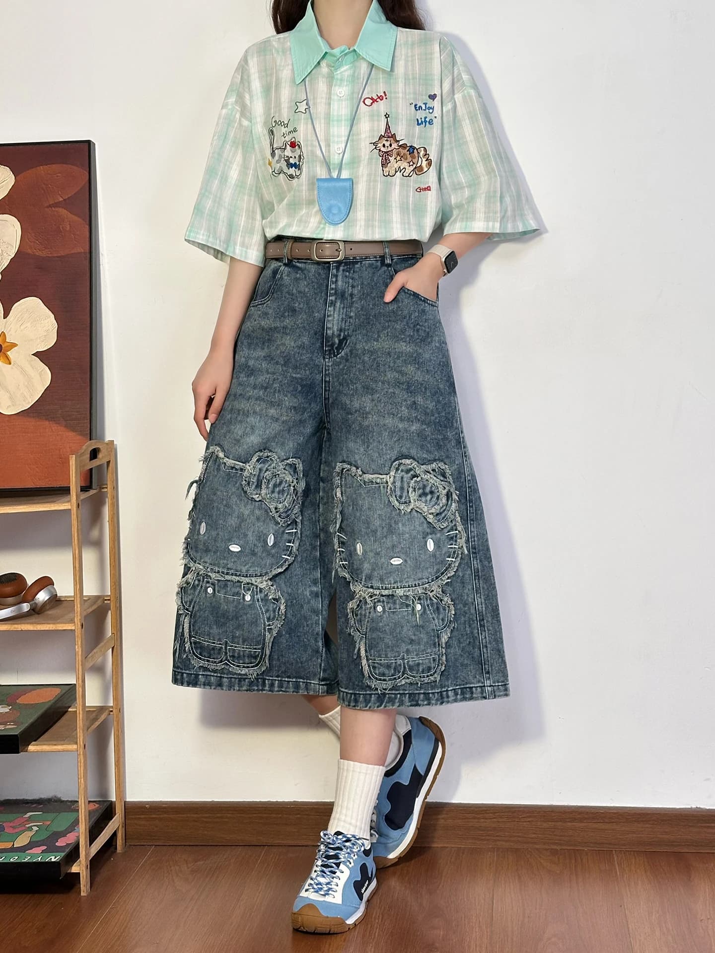SOLDOUT Original American Retro Cartoon Embroidery Seven-Foot Women's Summer Loose Jeans Shorts Street Style Vintage Denim