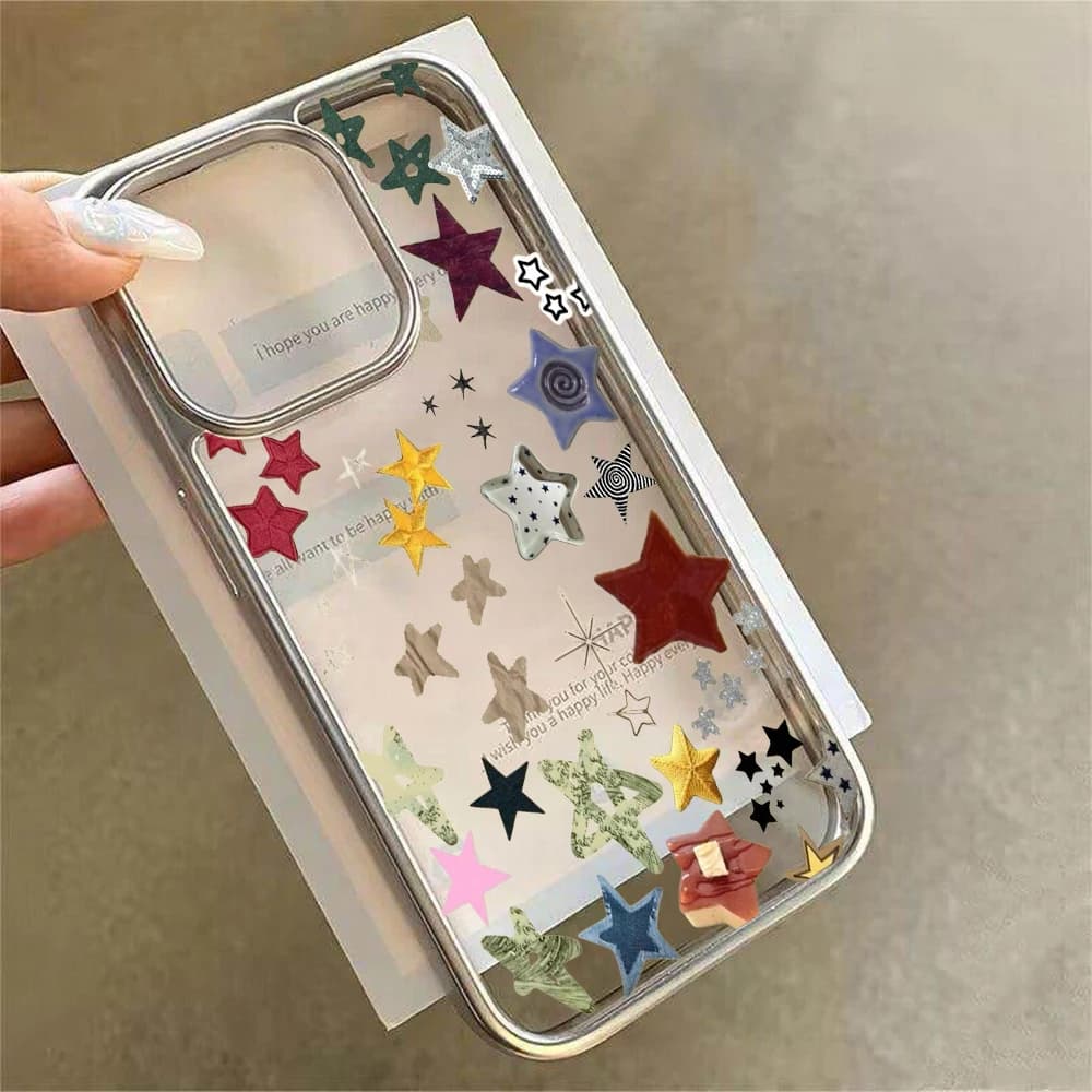 Y2K Stars Fashion Clear Cases For iPhone 15 Pro Max Case iPhone 16 Plus 13 14 15 12 11 17 Air XR Transparent Plating TPU Cover
