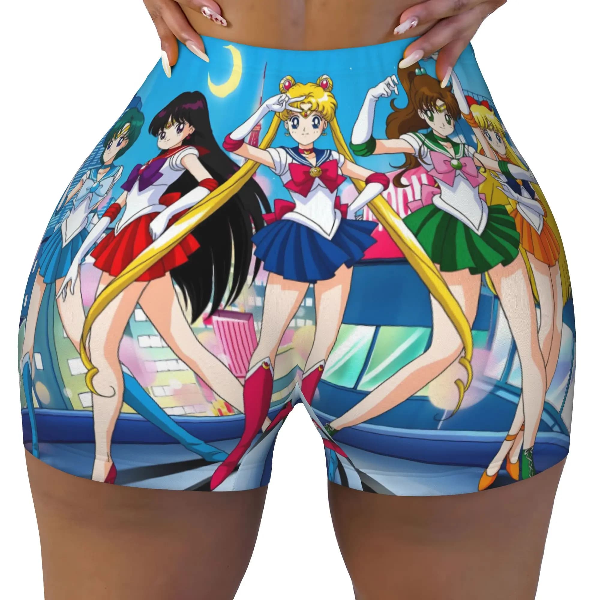Custom Women Sailors Manga Moons Workout Yoga Shorts Usagi Tsukino Anime Gym Athletic Volleyball Biker Shorts