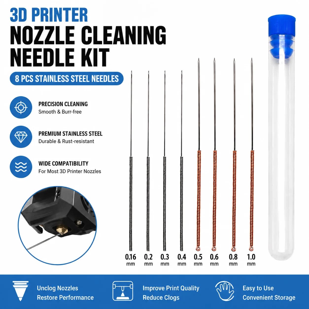 Kit di Pulizia Ugelli per Stampante 3D, Aghi per Pulizia Ugelli in Acciaio Inossidabile da 0.16/0.2/0.3/0.4/0.5/0.6/0.8mm/1.0mm, Parti per Stampa 3D