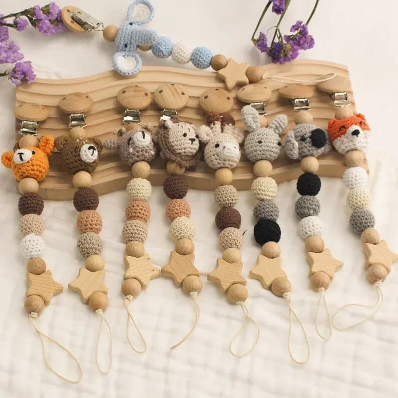 Catenella Portaciuccio con Clip a Forma di Coniglio Cartone Animato, Catenella per Dentizione in Legno e Uncinetto a Forma di Orsetto, Giocattoli da Masticare per Neonati, Clip Portaciuccio