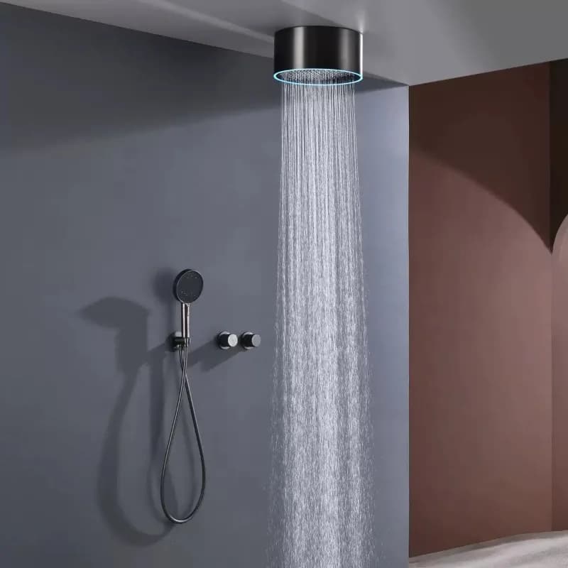 Set Doccia LED a Incasso a Parete, Miscelatore Caldo/Freddo in Rame Puro, Soffione Doccia a Pioggia a Soffitto Nascosto