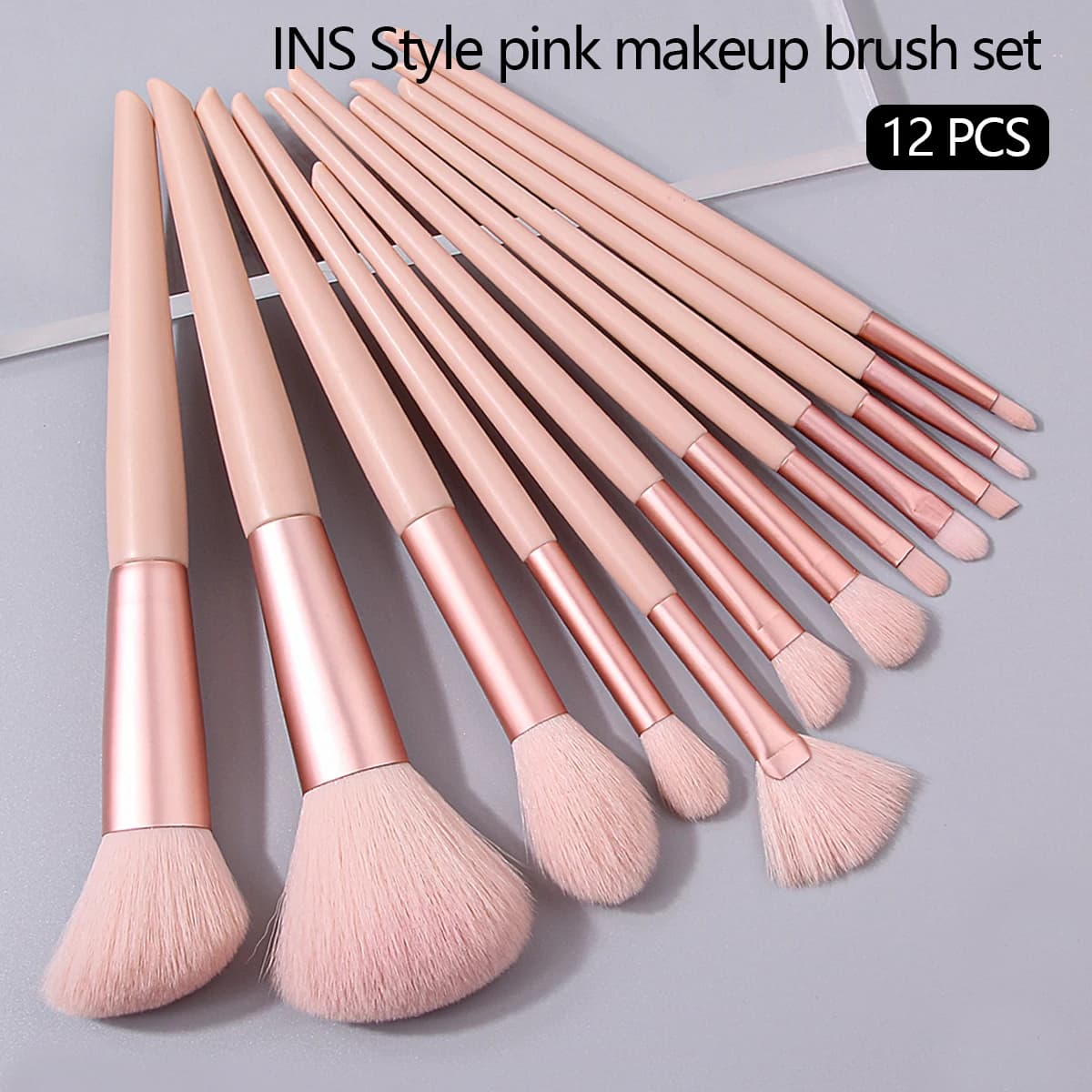 Set of 12 Pink Makeup Brushes, Corrector Brushes, Blush, Cypria, Umbrella, Illuminante, Fondotinta, Cosmetic Beauty Tools