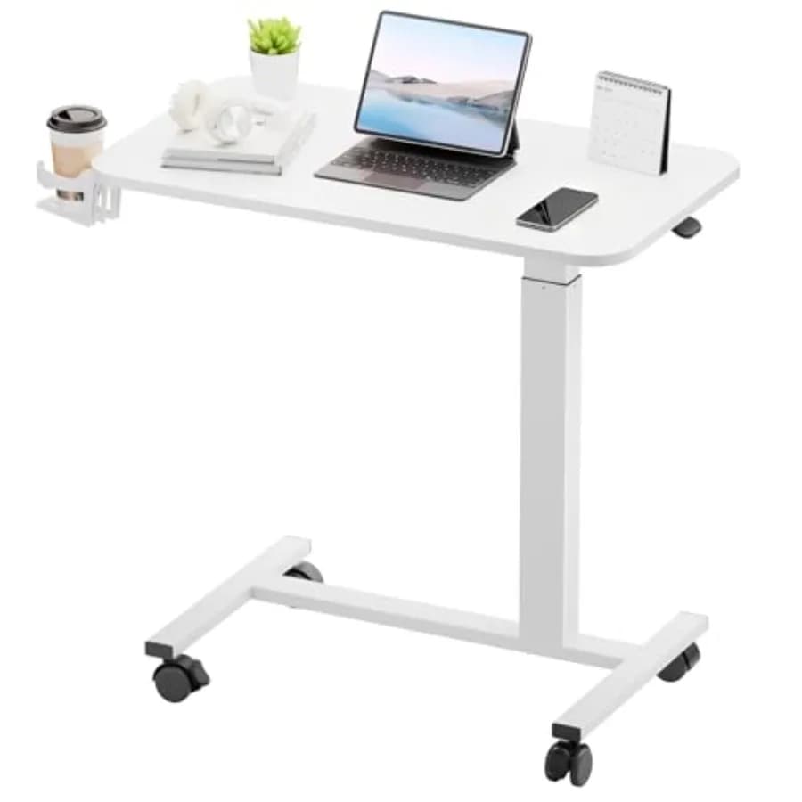 Piccola Scrivania Mobile con Ruote, Tavolo per Laptop Pneumatico Regolabile in Altezza, Tavolino da Letto per Computer