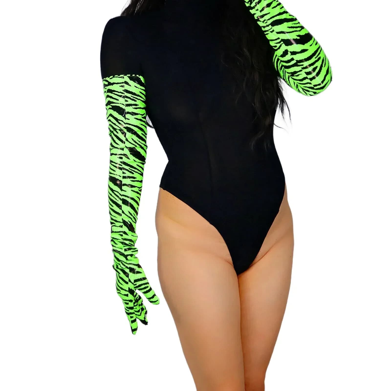 Guanti Lunghi in LATEX Verde Fluorescente DooWay, Stampa Zebrata, Pelle Sintetica Lucida, 70cm, per Cosplay e Moda