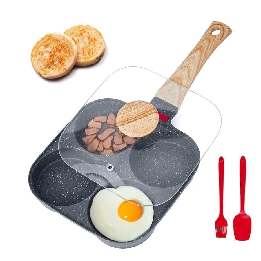 Eggs pan, 4 cup eggs non-stick pan, aluminum breakfast pancake pan for pancakes, burgers, sandwiches, with lid, oil