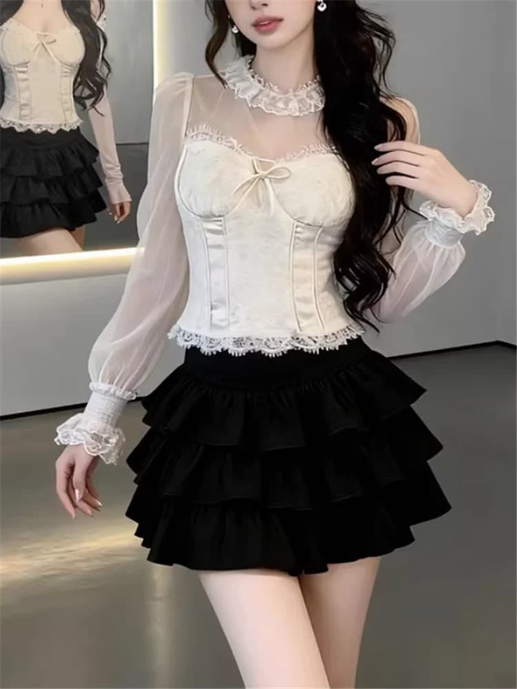Transparent Blouse Beige Style Lolita with Lace and Net, New Collection Spring 2026, Top Corto Transparent with Sleeves Style French Palace