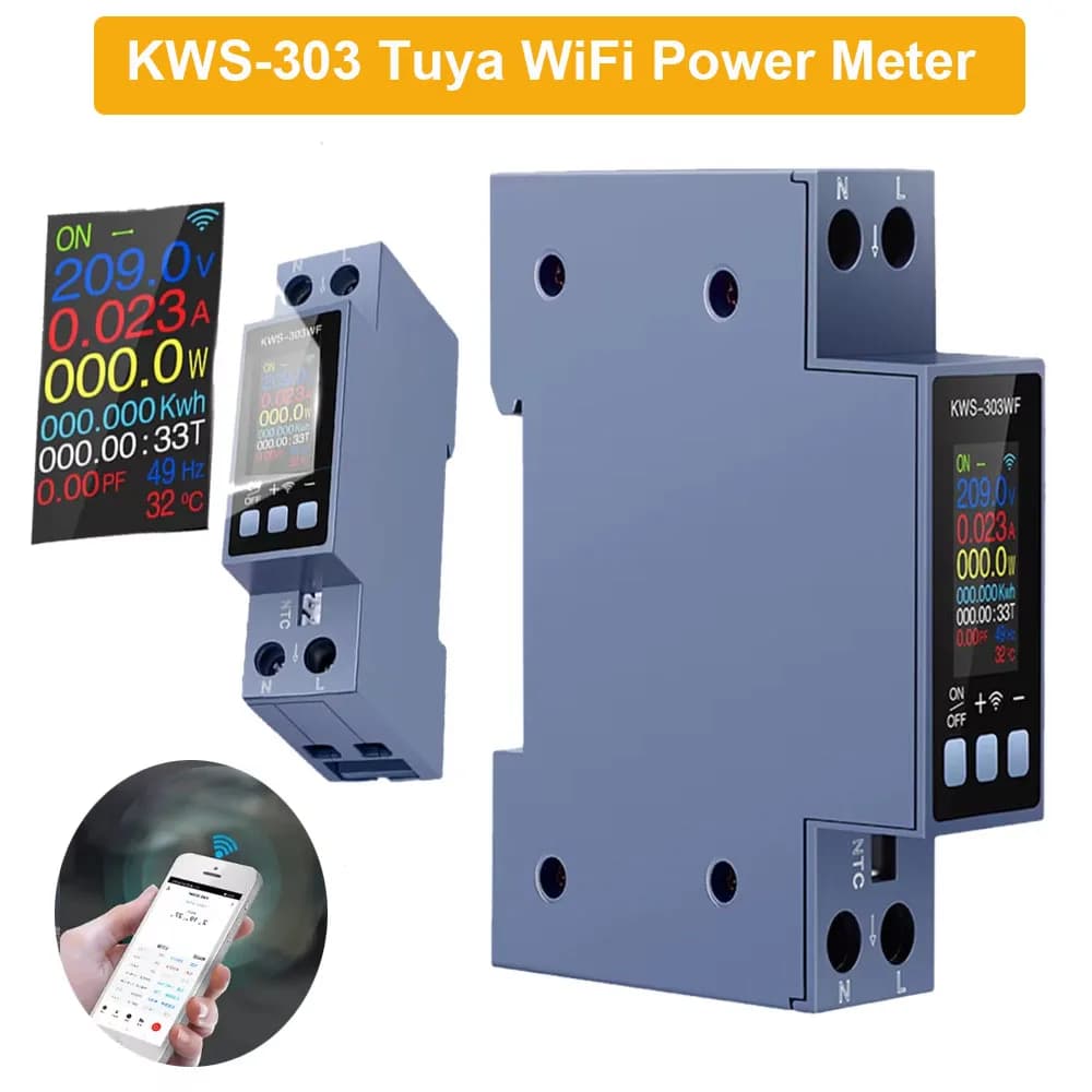 KWS-303 Misuratore di Potenza WiFi Tuya TFT 8-in-1, Misuratore di Tensione e Corrente AC Bifase 85-290V/40A, Controllo Remoto tramite App Smart Life, AC 85~290V