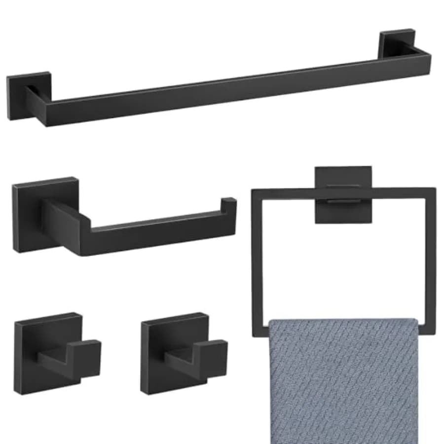 Set di 5 Accessori per Bagno in Acciaio Inox SUS304 Nero, Portasciugamani e Supporti da Parete