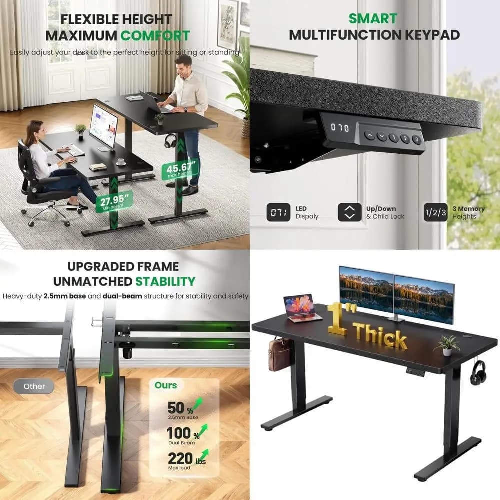 Scrivania Elettrica Regolabile in Altezza, Piano di Lavoro Spesso 60x28, Doppio Telaio, 3 Altezze Memorizzabili, Gestione Cavi per Casa o Ufficio