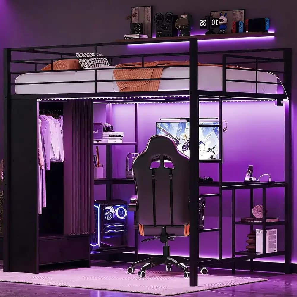 15 Inch Tall Safety Guardrail, Wardrobe with Curtain, Ladder Rungs, LED High Double Bunk Bed with Charging Stations, Desk, Black