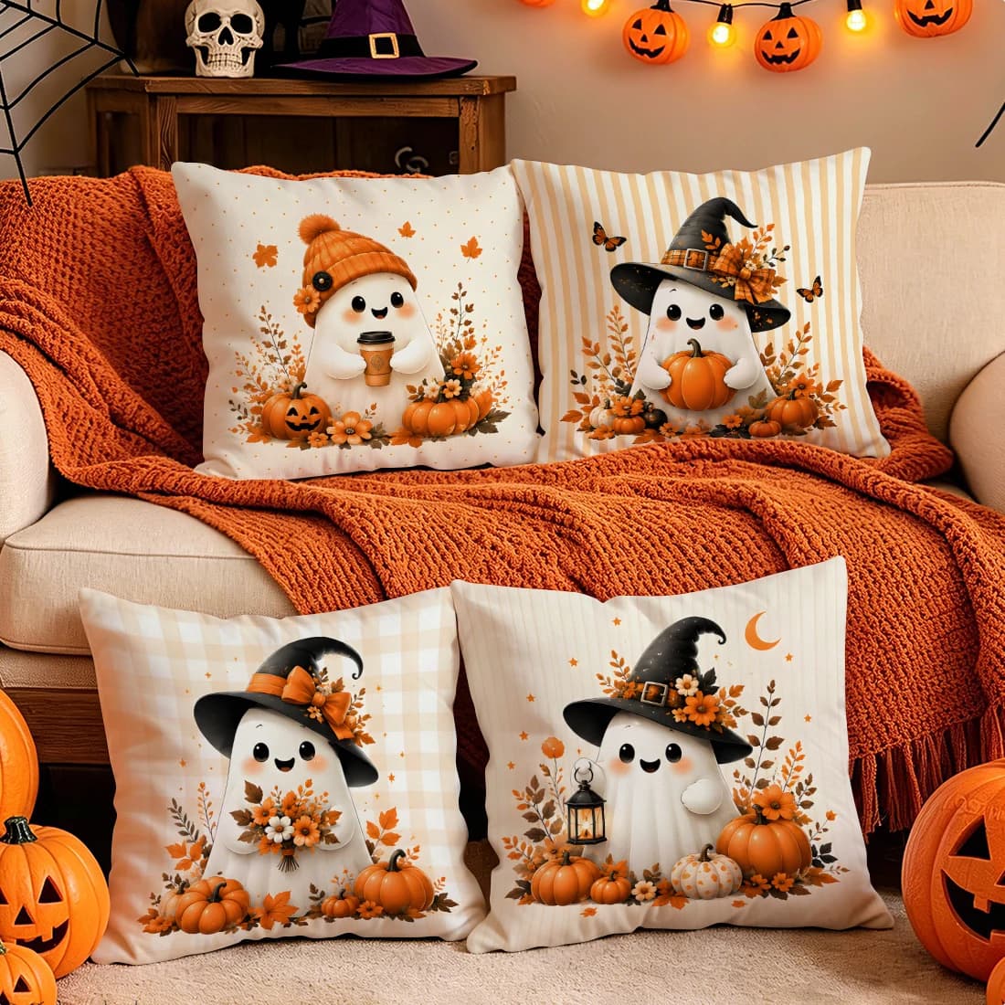 Autumn Gentle Ghost Pumpkin Cushions Pillowcase Polyester Cushion Cover Throw Pillow Pillowcover Home Car Sofa Decor