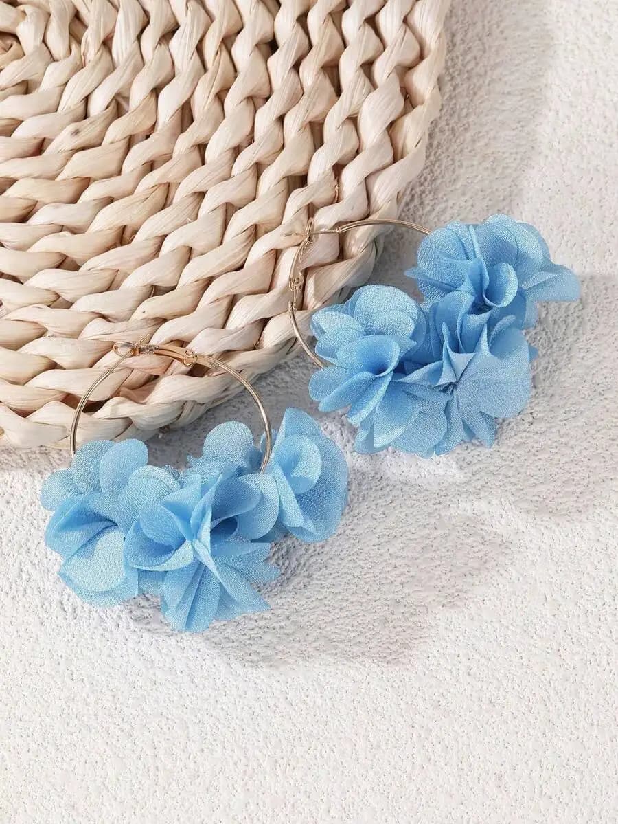 Light Blue Fabric Flower Hoop Earrings For Women Stylish Party Jewelry Accessory