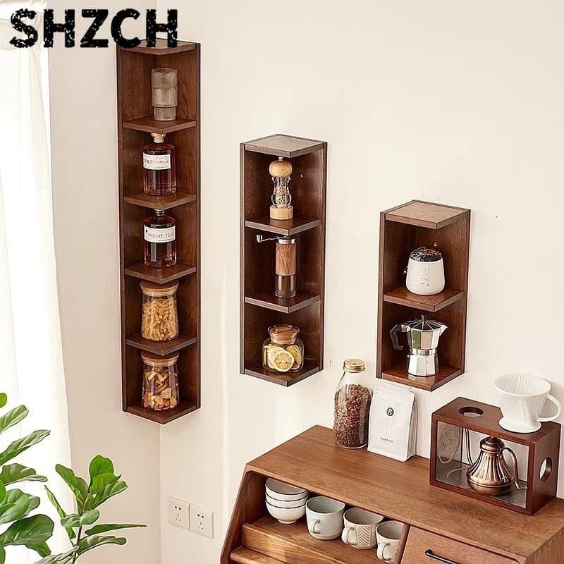 Solid Wood Floating Wall Shelf Corner Mounted Storage Organizer Bookshelf Display Rack for Bedside Living Room
