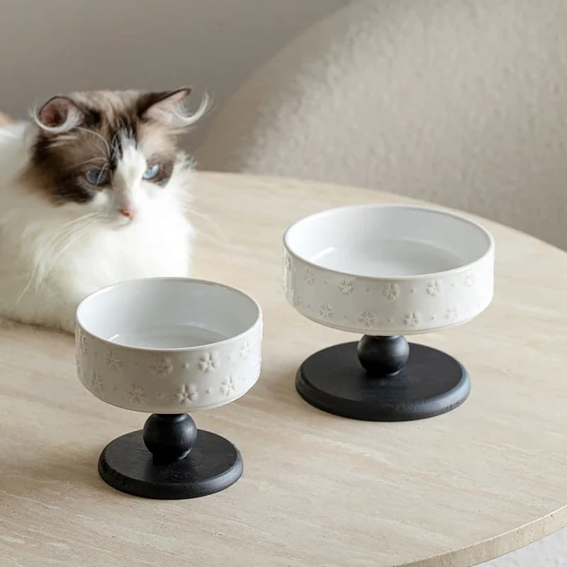 Ceramic Elevated Pet Bowl with Wooden Stand – Raised Cat Small Dog Food Water Feeder, Anti-Slip, Neck Protection Design