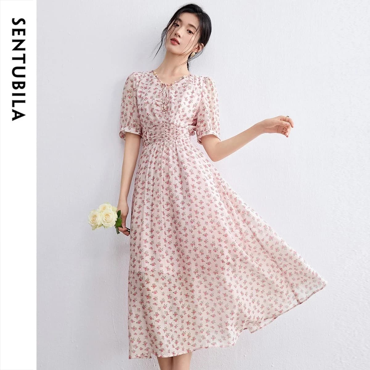 SENTUBILA Women's Elegant Floral Long Summer Dress 2026 Casual Tie V Neck Pleated Puff Short Sleeve Slim A-Line Dress 162LO6257X