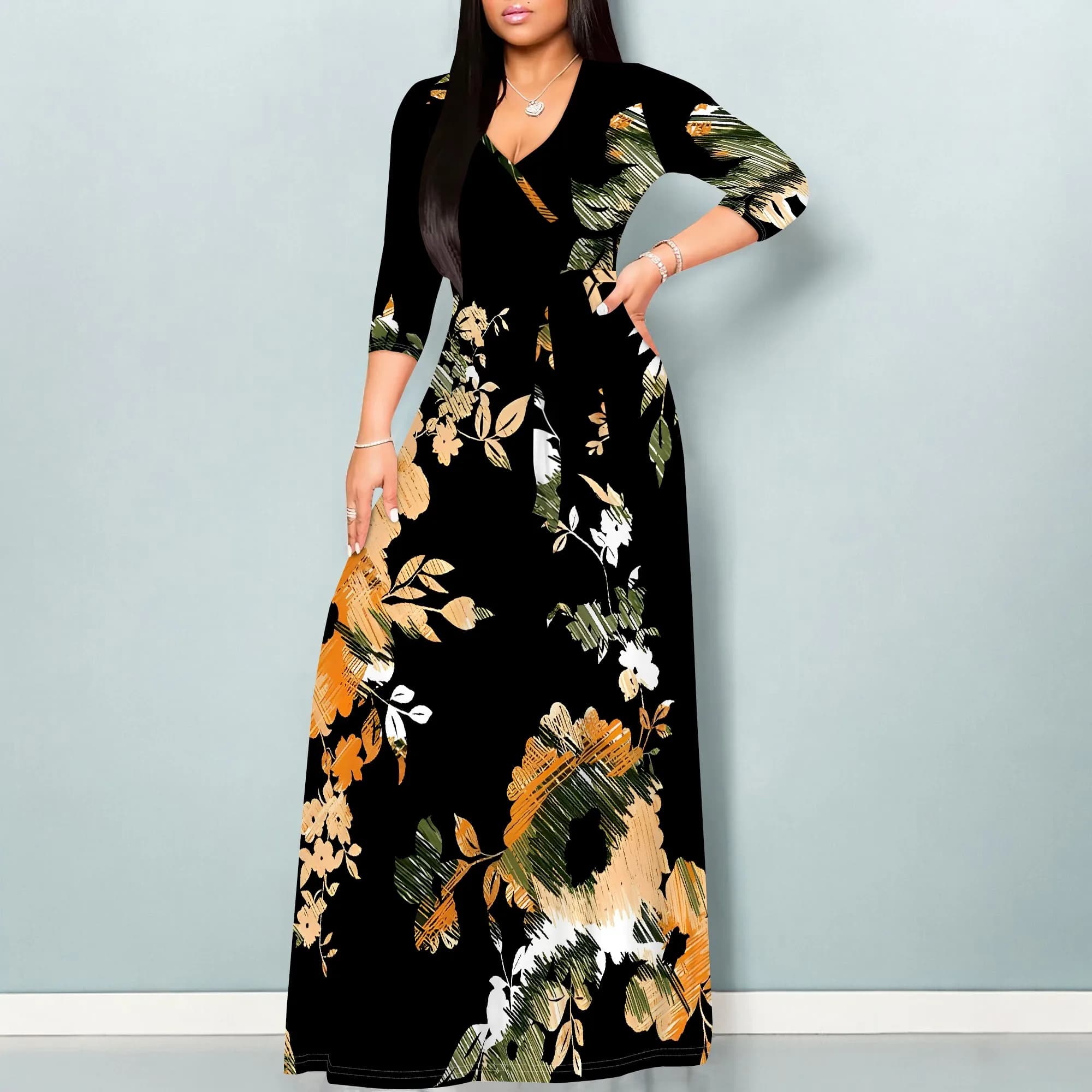 Pullover da donna Abito lungo ampio con maniche a 3/4 sexy con scollo a V per abiti maxi casual estivi stampati alla moda