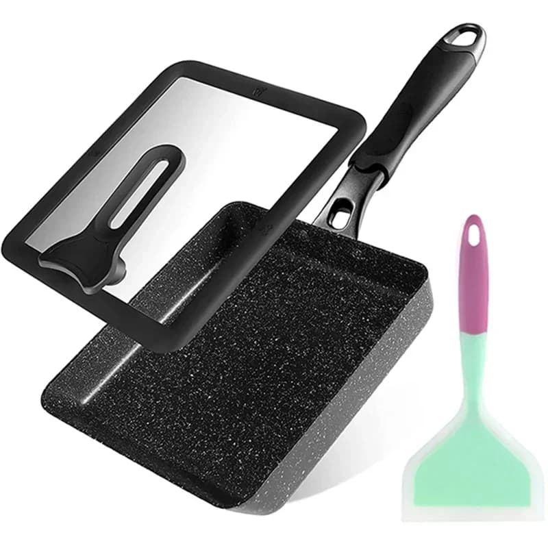 Padella per frittata giapponese/Padella Tamagoyaki, padella rettangolare antiaderente per uova - Coperchio e spatola opzionali - Lega di alluminio