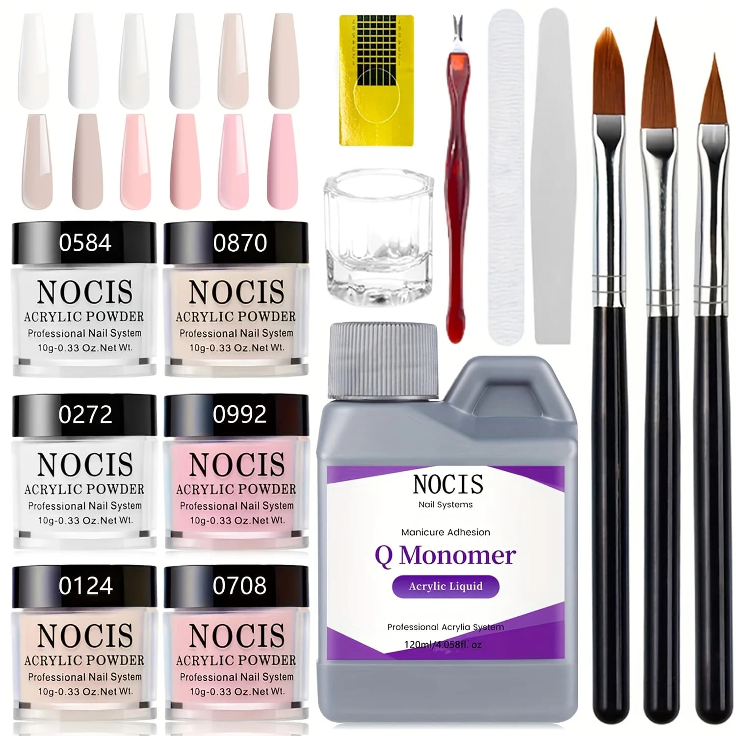 Set of acrylic powders in six colors, including pink and naked, designed for professional nail art 3D. Ideal for French Extensions