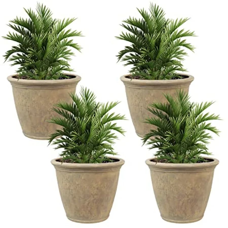 Outdoor plastic planter for plants, beige double-walled polypropylene, 24-inch Anjelica pot with drillable drainage holes, 4-pa