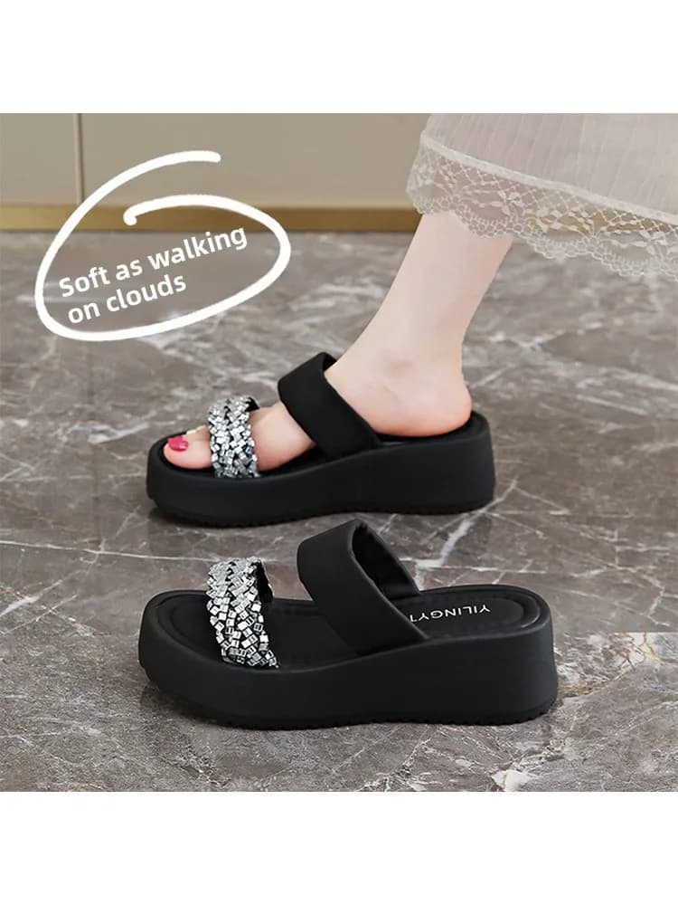 Ciabatte con Tacco Spesso e Strass da Donna, Tendenza Estiva per Esterni, Scarpe da Spiaggia Slip-On con Fondo Piatto, Stile Casual in Pelle Sintetica
