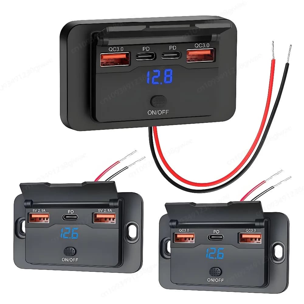 Presa USB QC3.0 Porte USB-A e PD Type-C Pannello prese per caricabatterie USB-C per auto con display di tensione per roulotte marine per barche RV 12V/24V