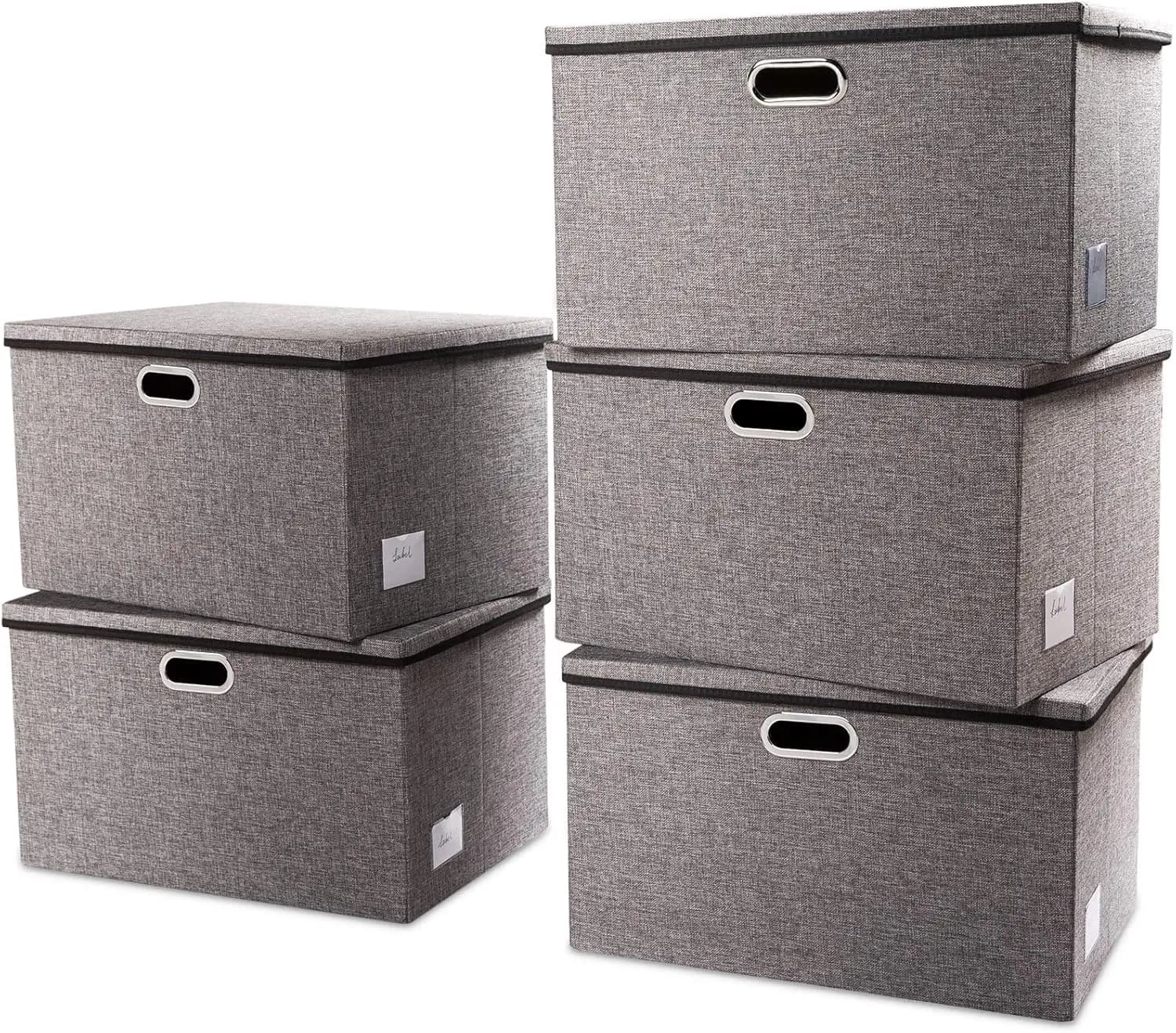 Contenitori Pieghevoli Extra Grandi con Coperchi, Set da 5, Scatole Organizer in Tessuto di Lino per Armadio, 22.8x15.75x13.8 Pollici
