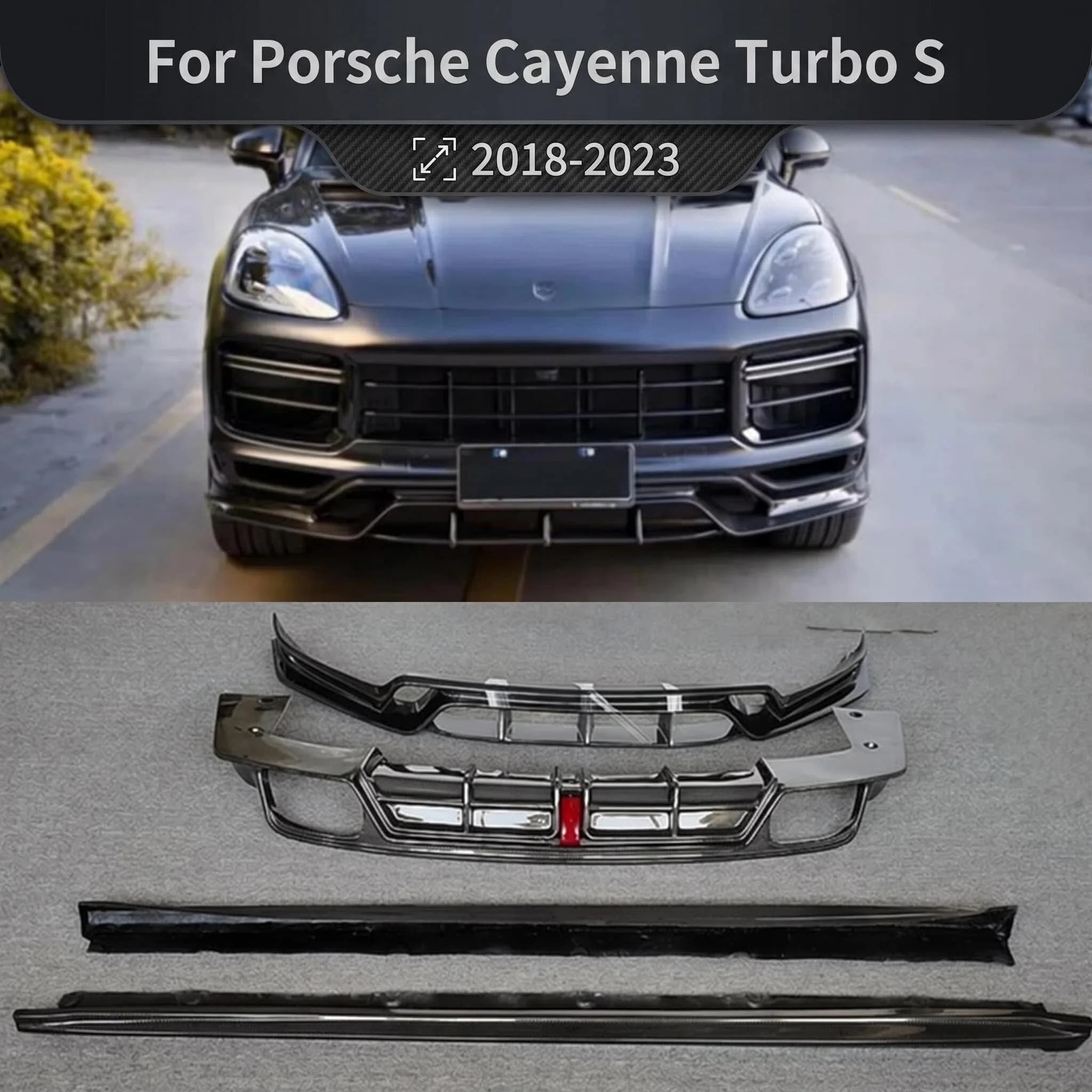 Kit Spoiler in Vera Fibra di Carbonio: Labbro Anteriore, Diffusore Posteriore e Minigonne Laterali per Porsche Cayenne Turbo S 2018-2023