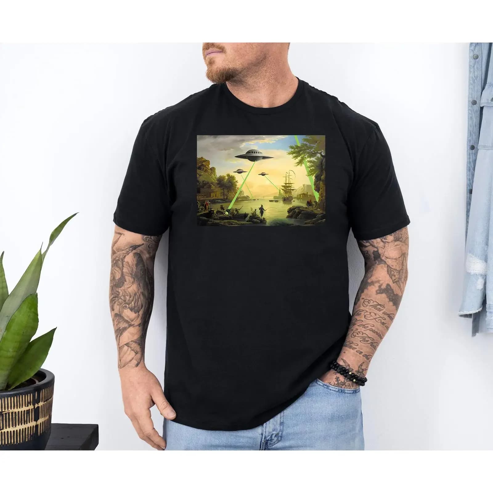 Banksy UFO Renaissance T Shirt Alien Spaceship Classical Painting 4343PC vintage Washed Stretched Comfortable designer clothes