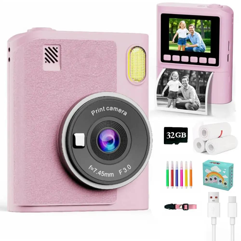 Videocamera con stampa istantanea per bambini Videoregistratore HD 1080P Fotocamera digitale con zoom 8X per ragazze e ragazzi Miglior regalo di Natale di compleanno Scheda da 32 GB