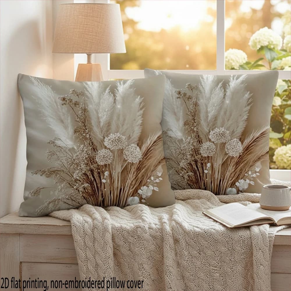 2 copricuscini piatti 2D in stile boho con erba della pampa, adatti per la decorazione di camera da letto e divano, escluse le imbottiture dei cuscini.