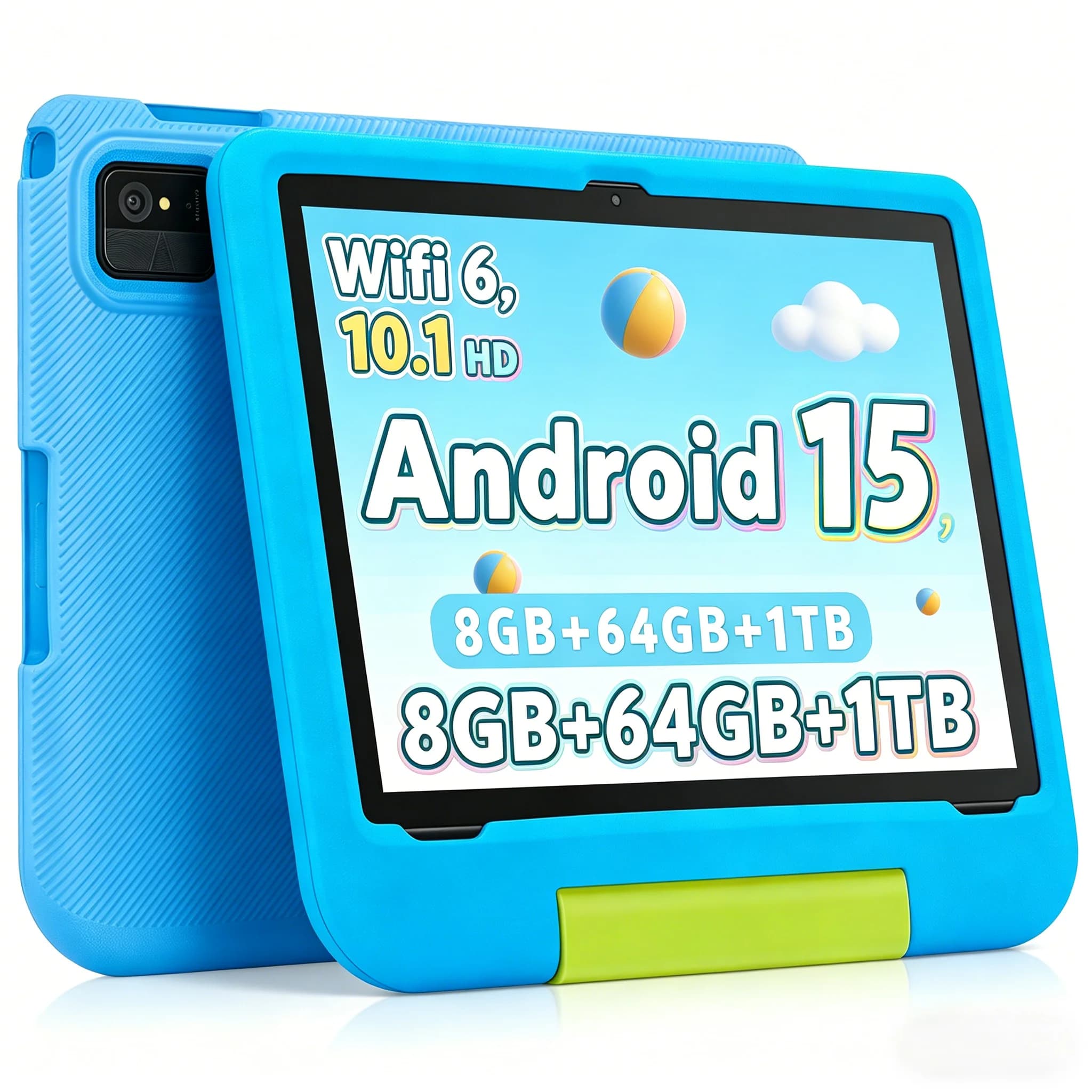 Tablet Educativo per Bambini Android 15 da 10.1" con 8GB+64GB, Espandibile a 1TB, WiFi 6, Batteria da 5000mAh, Doppia Fotocamera e Custodia Antiurto