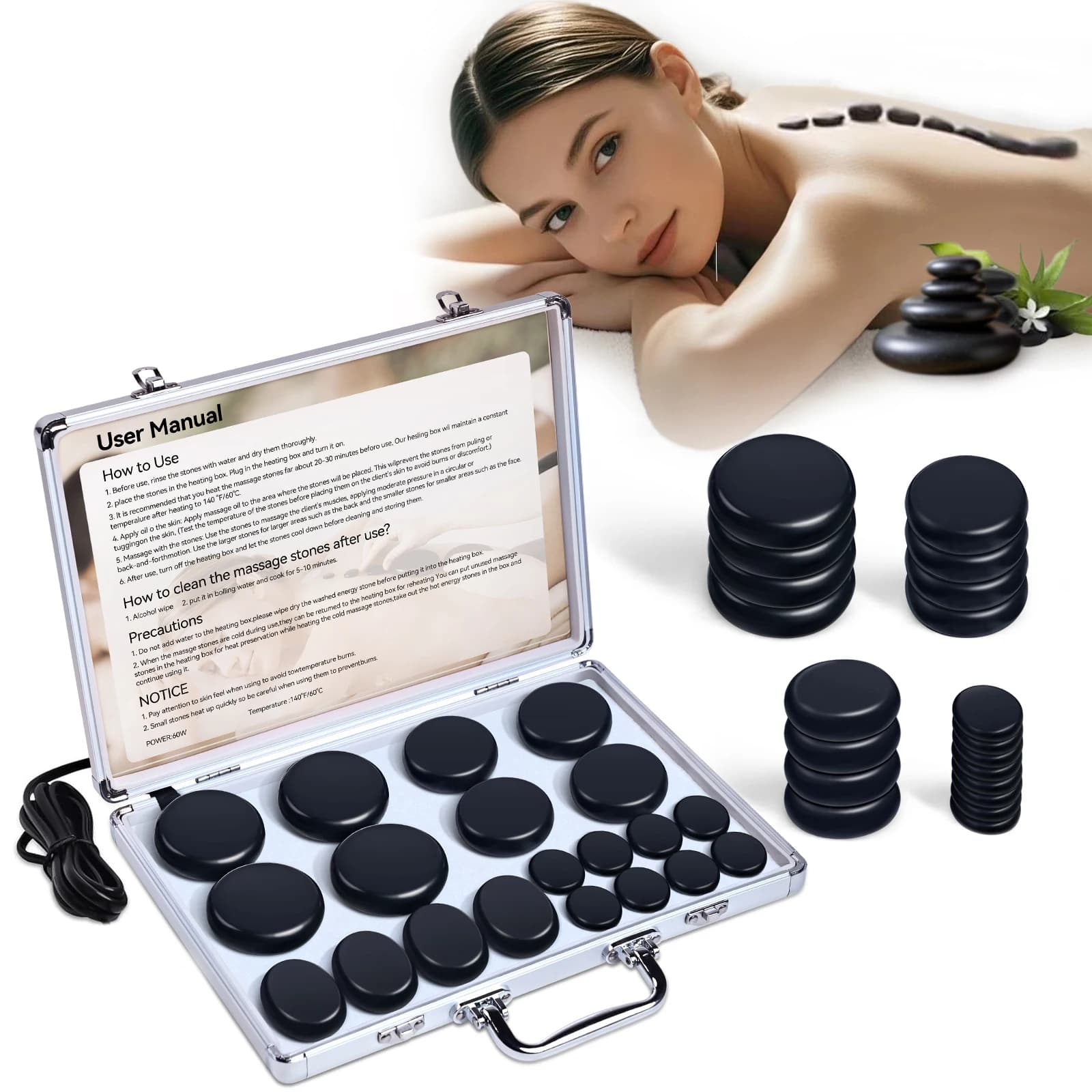 SET MASSAGE HOT STONE - Strumenti professionali per massaggio spa - Per massaggio collo, schiena, addome, gambe e tutto il corpo