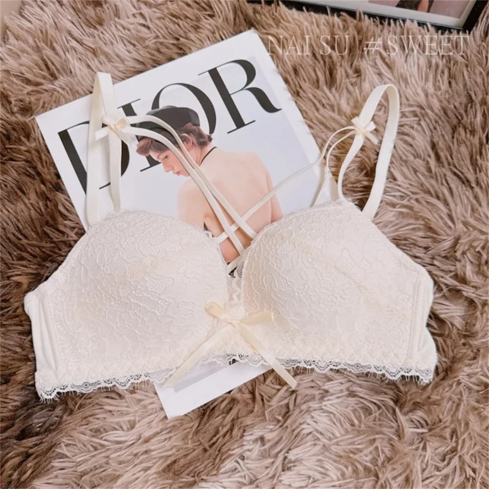 Womens Criss‑Cross Lace Bra Small Chest Push‑Up Brassiere Anti Sagging Side Support Pure Sexy Comfort Lingerie Underwear 32‑38
