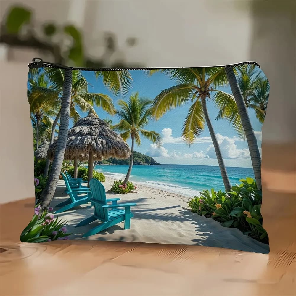 Borsa per il Trucco in Lino a Doppio Lato con Design Spiaggia Tropicale, Palme e Oceano Turchese, Pochette da Viaggio Leggera e Resistente