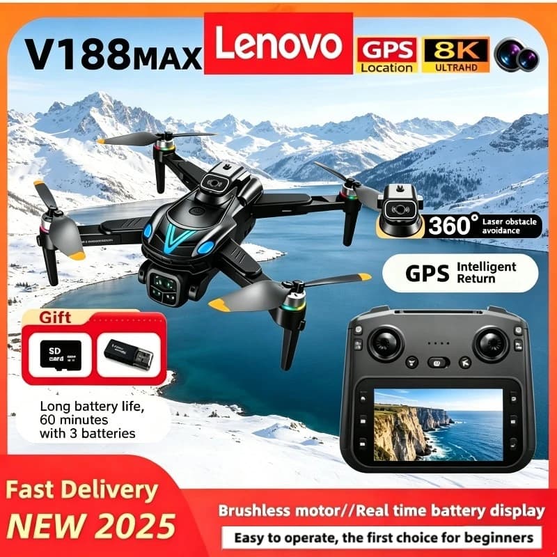 Drone GPS Lenovo V188 MAX con Fotocamera Professionale 8K, FPV Aereo, Evitamento Ostacoli, Telecomando con Schermo, Drone Pieghevole