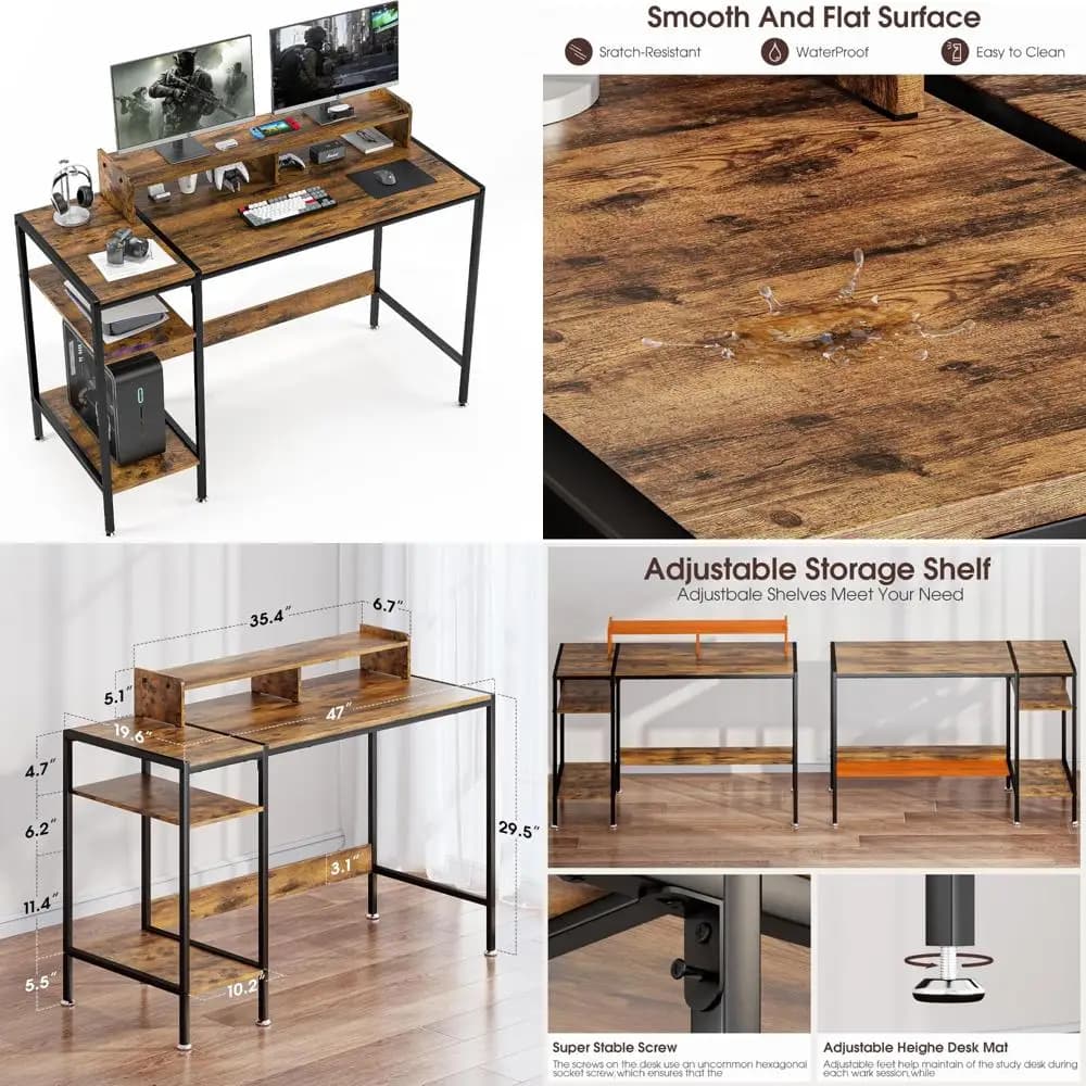 Double monitor gaming desk with adjustable storage space for home office, sturdy and practical desk for monitor supports