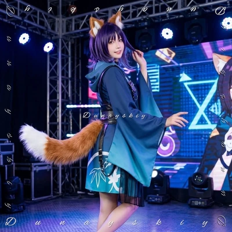 Costume Cosplay Iroha Sakayori, Set Coda Kemonomimi, Parrucca Anime, Principessa Cosmica Kaguya! Kimono Blu Sfumato per Halloween e Spettacoli Teatrali