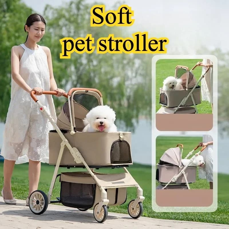 Passeggino per animali domestici 3 in 1 per cani e gatti Cestino portaoggetti staccabile Piega con una sola mano e freni a 4 ruote Trasportino per gatti