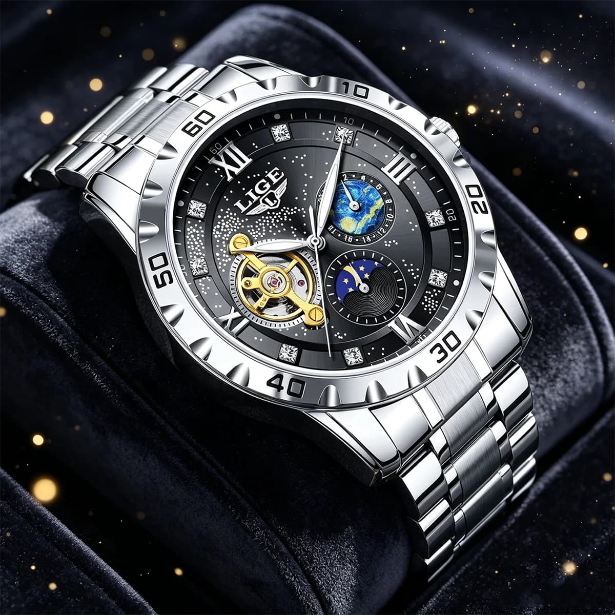 LIGE Nuovo Orologio da Polso Meccanico di Lusso Nero da Uomo, Orologio Automatico Impermeabile per Sport all'Aperto, Orologio da Uomo alla Moda per Affari