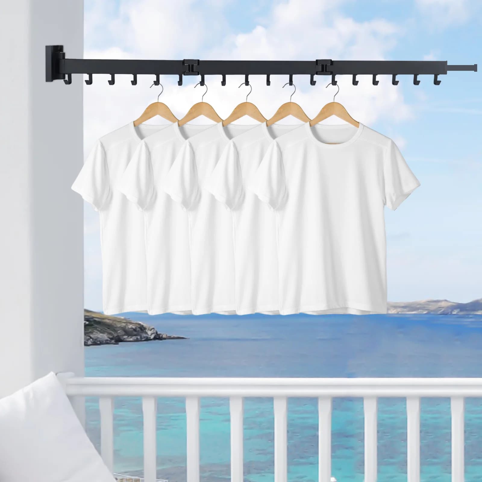 Aluminium wall coat rack with 18 hooks, length 47 inches, flow 66 pounds, folding three sections, retractable.