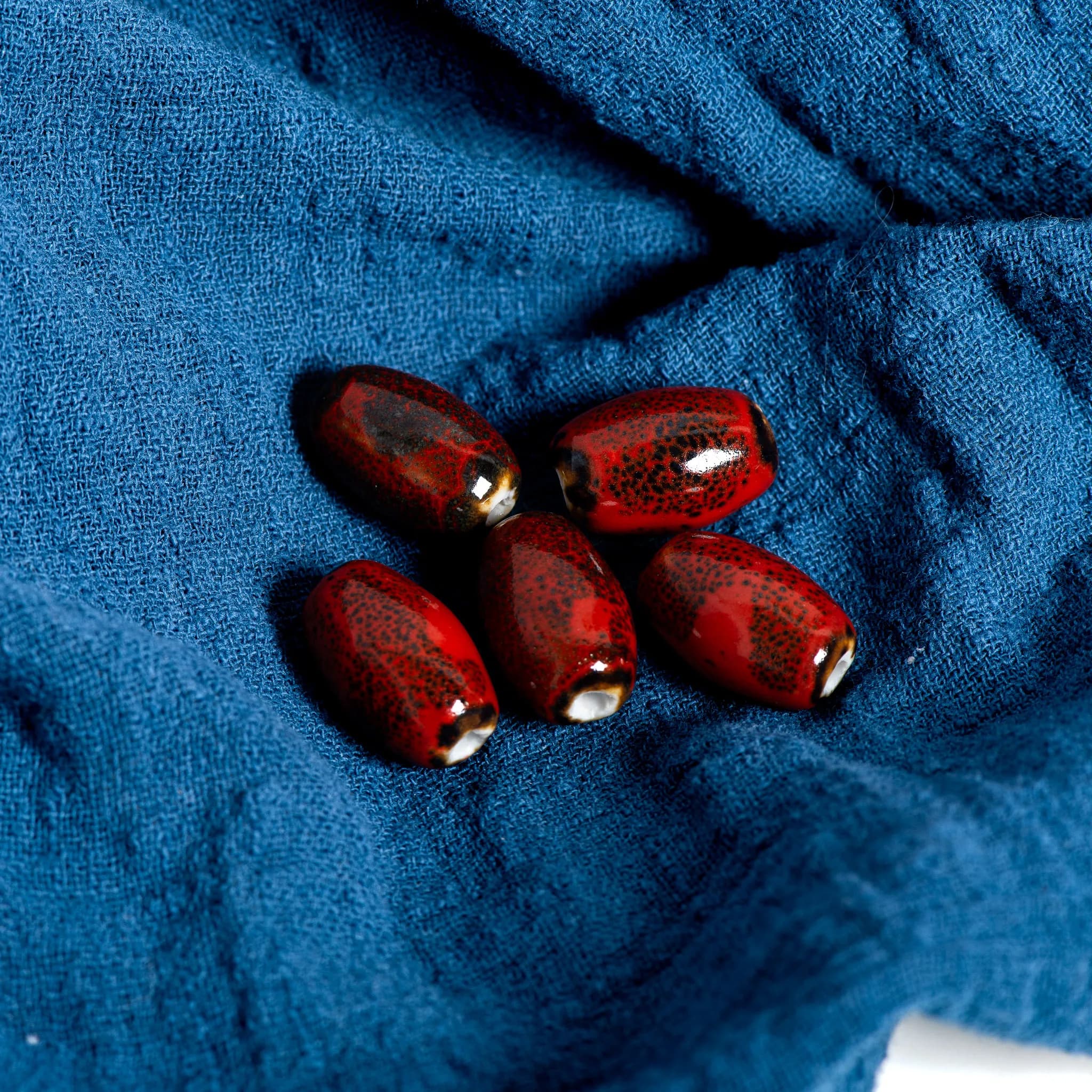 Floral Glaze Red Round Tube Ceramic Bead for Jewelry Making 5 Pieces Handmade Unique Design TCZ690