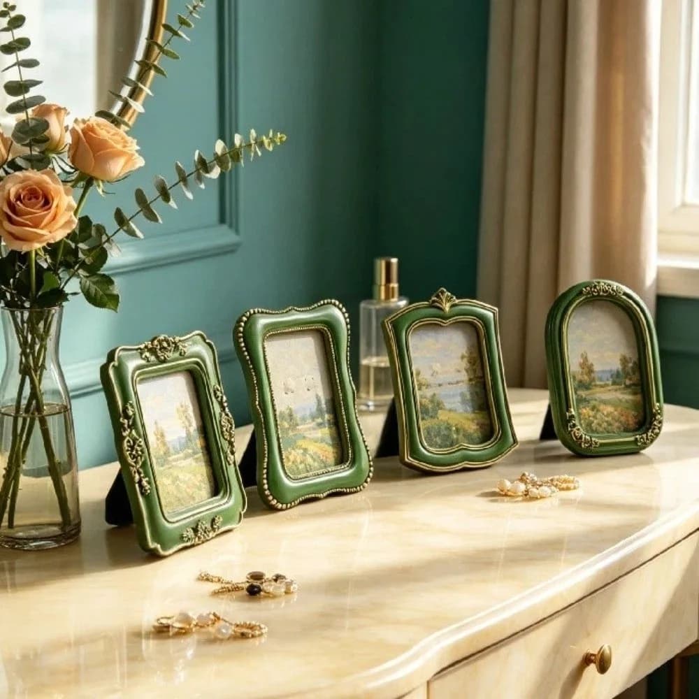 Creative Green Baroco Style Photo Frame Resin Antique Picture Frame Ornaments Mini Exquisite Photo Display Holders Living Room