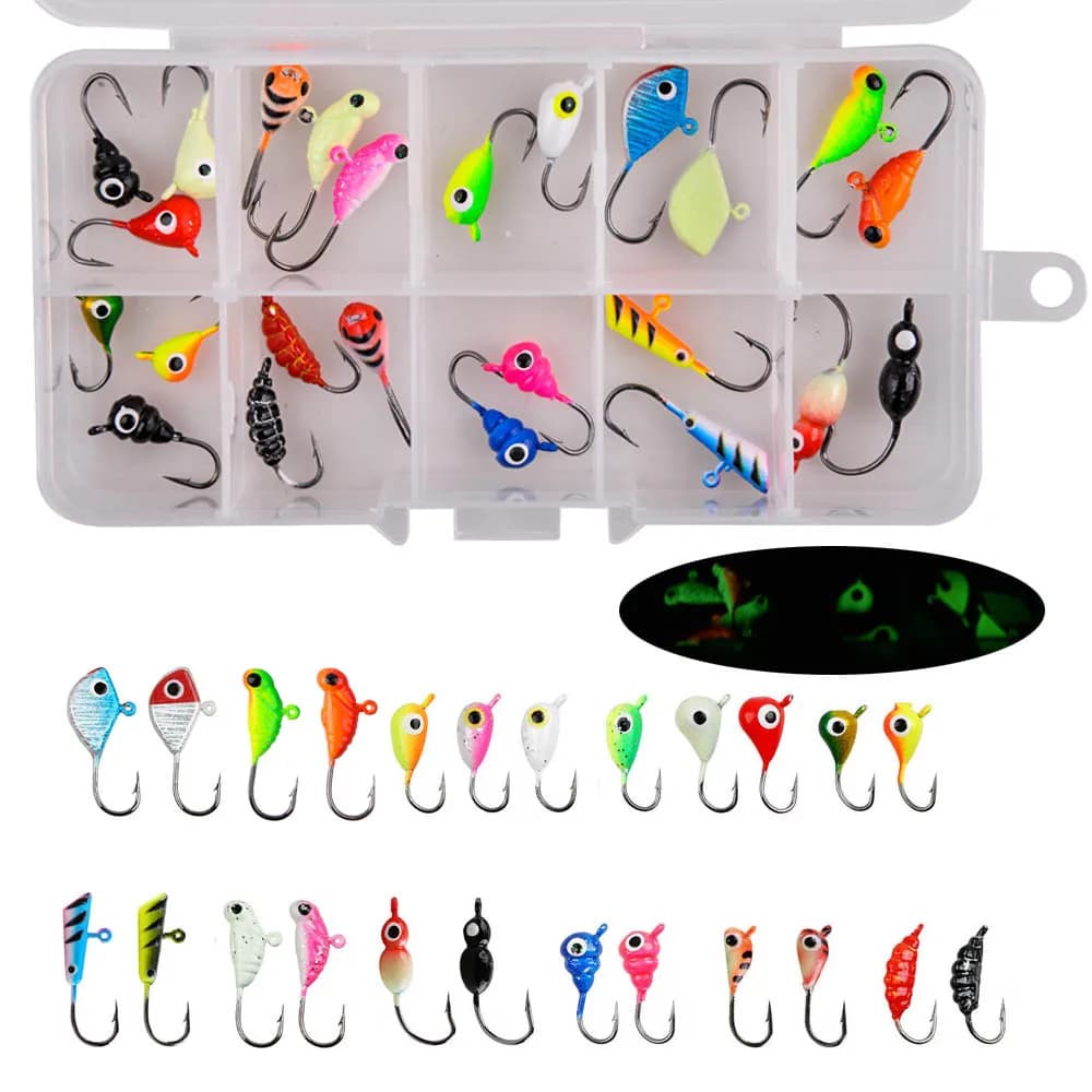 24Pcs Kit di attrezzi per la pesca sul ghiaccio maschere luminose per la pesca sul ghiaccio maschere per esche Jig Heads ice jig per Crappie Panfish con scatola per esche da pesca sul ghiaccio